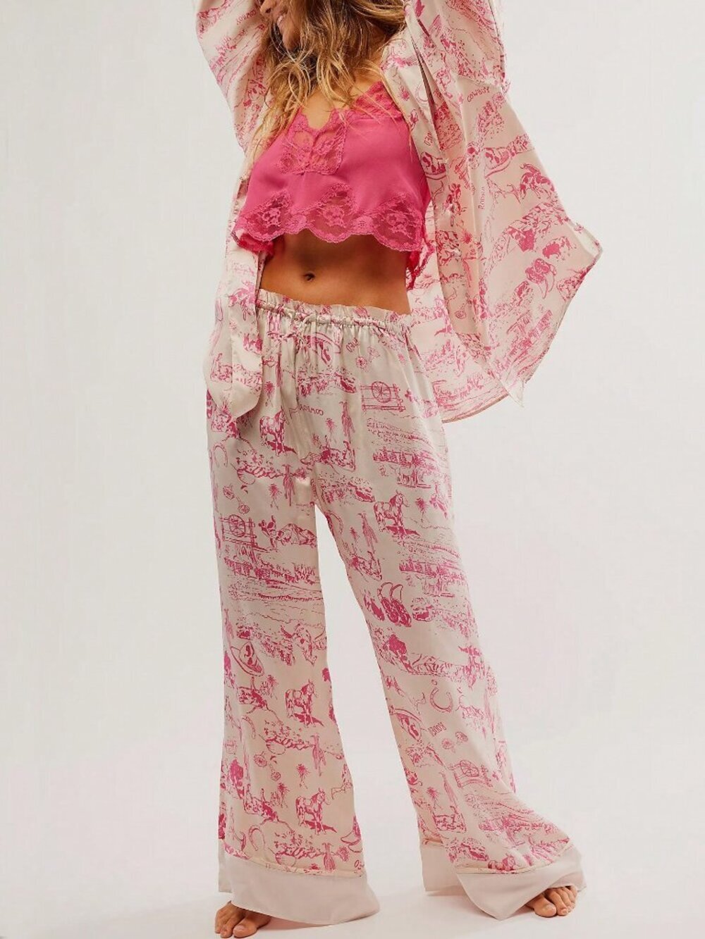 Pink Boho Women's Long Sleeve Shirt & Wide Leg Pants Pajama Set